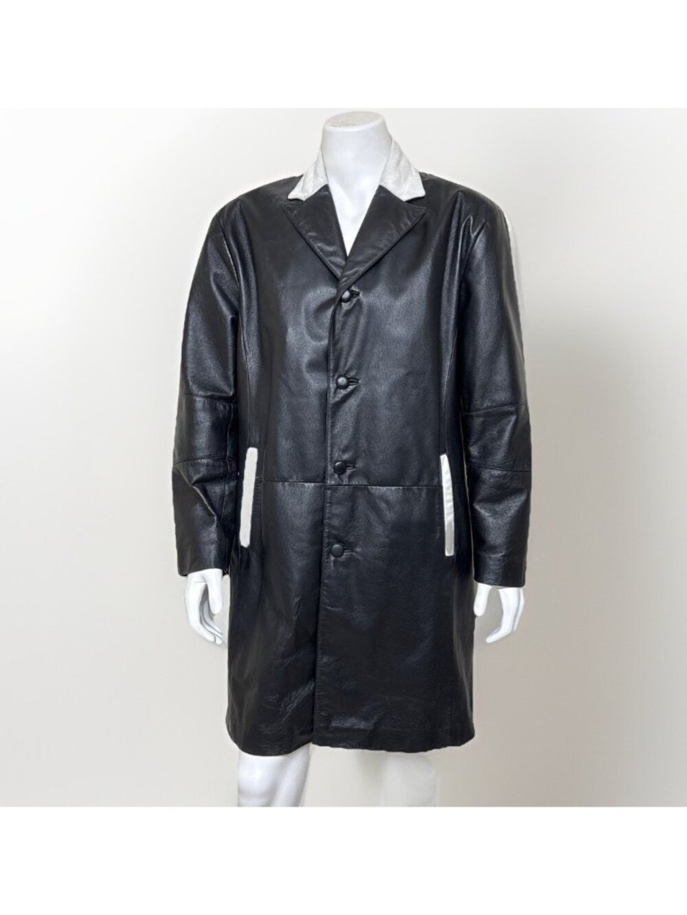 Y2K Androgynous Stacy Adams Leather Coat Mens L Black White Long Trench Jacket